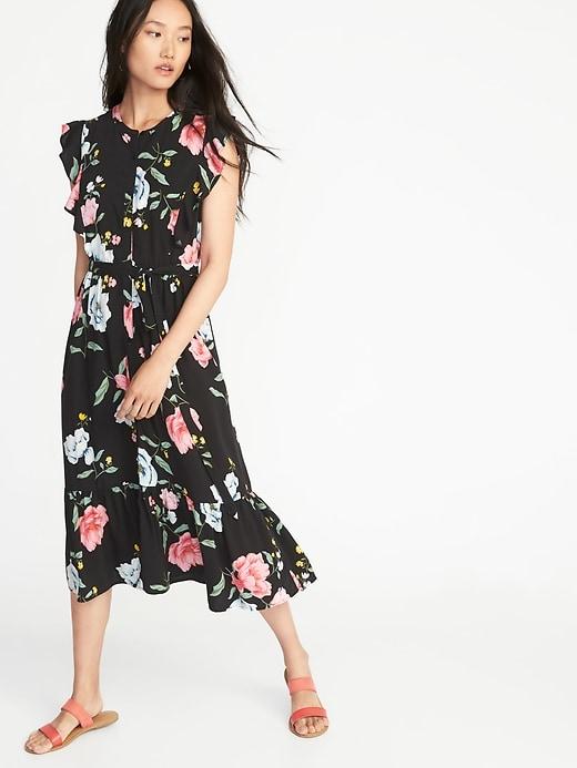 Old Navy Womens Ruffle-trim Tie-belt Shirt Dress For Women Black Floral Size Xs