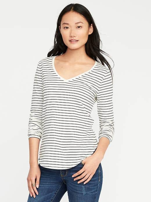 Old Navy Everywear Curved Hem V Neck Tee For Women - White Stripe