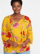 Old Navy Womens Tie-neck Plus-size Bell-sleeve Blouse Yellow Flower Size 1x