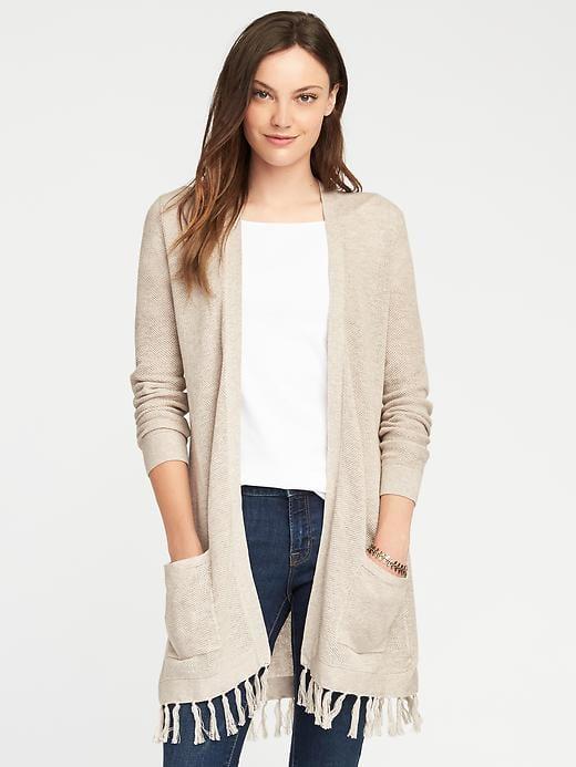 Old Navy Relaxed Open Front Tassel Hem Cardi For Women - Char Latte