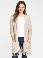 Old Navy Relaxed Open Front Tassel Hem Cardi For Women - Char Latte