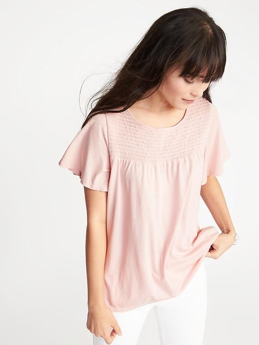 Old Navy Womens Smocked-yoke Flutter-sleeve Top For Women Rosy Posey Size L