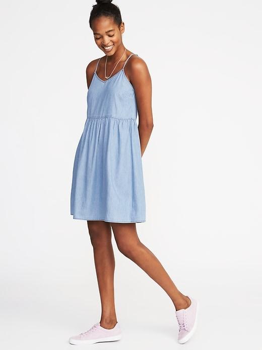 Old Navy Womens Sleeveless V-neck Swing Dress For Women Chambray Blue Size L