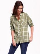 Old Navy Lightweight Boyfriend Shirt - White/olive Plaid