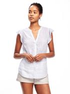 Old Navy Ruffle Sleeve Linen Blend Top For Women - Blue/white Stripe