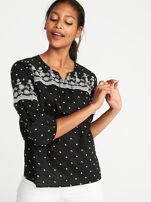 Old Navy Womens Embroidered Tassel-tie Swing Top For Women Black Size M