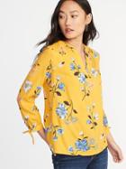 Old Navy Womens Relaxed Tie-cuff Twill Top For Women Yellow Floral Size Xxl