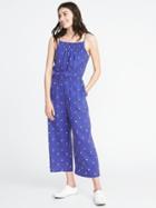 Old Navy Womens Waist-defined Sleeveless Linen-blend Jumpsuit For Women Light Blue Print Size L