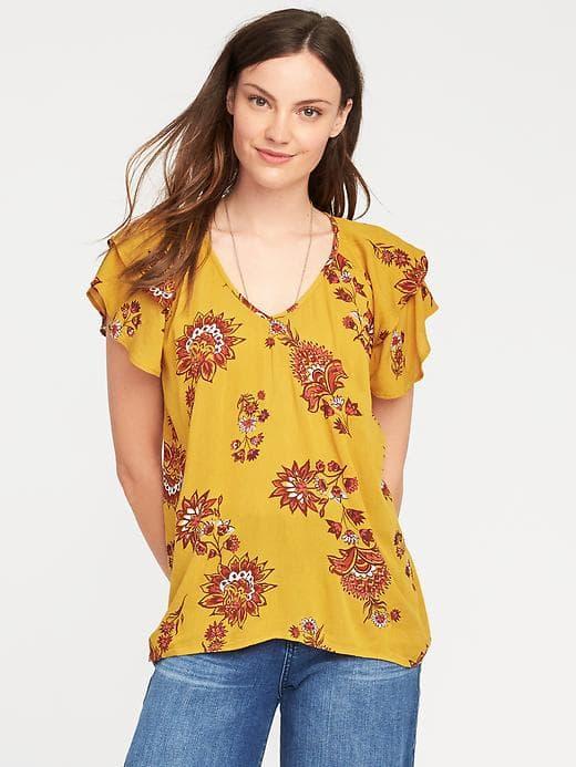 Old Navy Ruffle Sleeve Crinkle Gauze Top For Women - Yellow Print