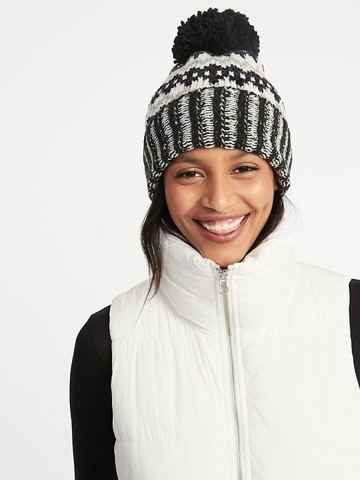 Old Navy Womens Printed Sweater-knit Pom-pom Beanie For Women Black Combo Size One Size