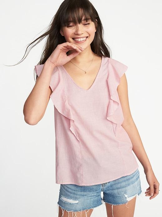 Old Navy Womens Relaxed Ruffle-trim Sleeveless Top For Women White/pink Stripe Size Xl
