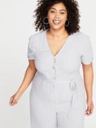 Striped V-neck Tie-belt Plus-size No-peek Jumpsuit