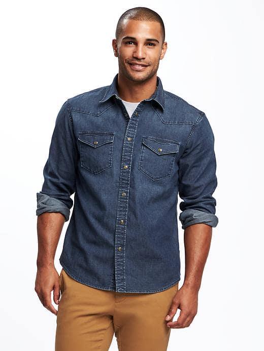 Old Navy Slim Fit Chambray Stretch Shirt For Men - Dark Denim