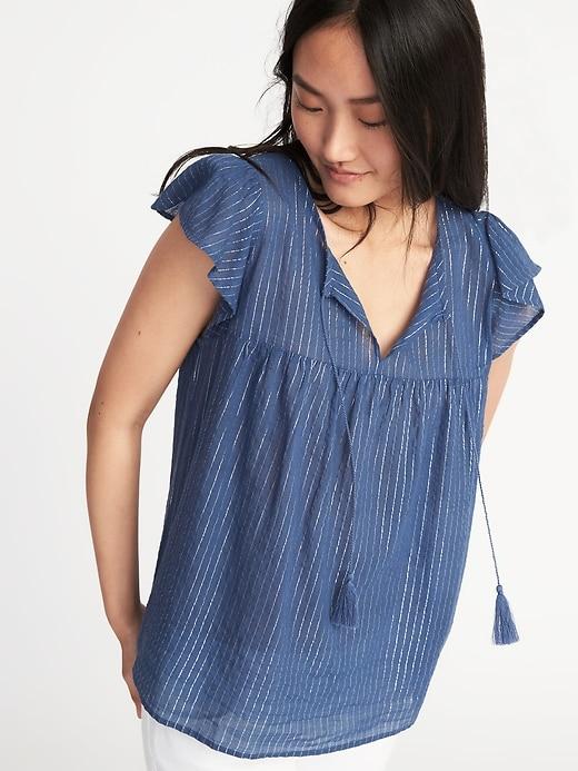 Old Navy Womens Metallic-stripe Flutter-sleeve Swing Top For Women Lurex Blue Size M