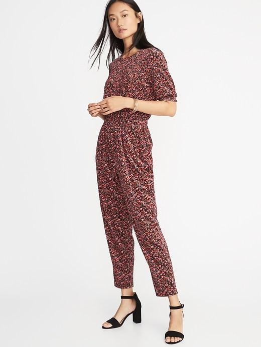 Old Navy Womens Velvet Smocked-sleeve Jumpsuit For Women Multi Ditsy Floral Size M