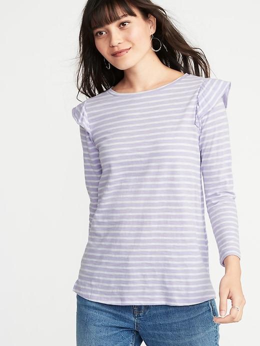 Old Navy Womens Relaxed Ruffle-trim Slub-knit Top For Women Lilac Stripe Size M
