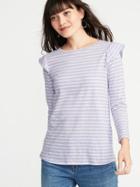 Old Navy Womens Relaxed Ruffle-trim Slub-knit Top For Women Lilac Stripe Size M