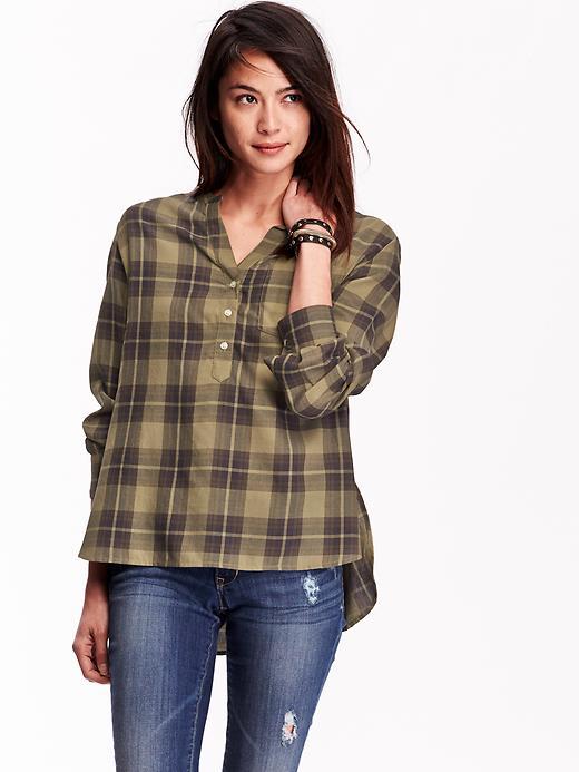 Old Navy Womens Drapey Mandarin Collar Plaid Top Size M Petite - Olive Plaid