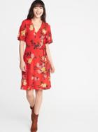 Old Navy Womens Tie-belt Bell-sleeve Dress For Women Red Floral Size Xs