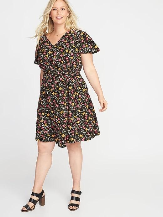 Old Navy Womens Waist-defined Plus-size V-neck Dress Black Ditsy Floral Size 3x