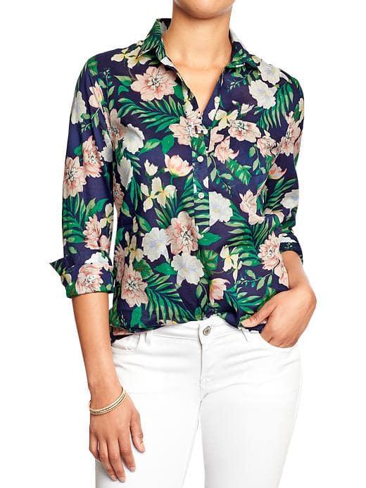 Old Navy Womens Patterned 3/4 Sleeve Shirts - Blue Hawaiian