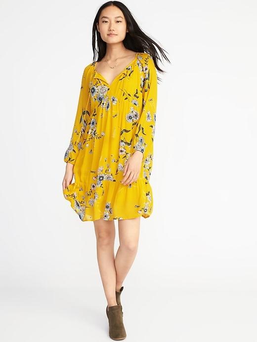 Old Navy Womens Tassel-tie Boho Swing Dress For Women Yellow Floral Size L