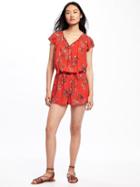 Old Navy Womens Flutter-sleeve Cinched-waist Romper For Women Red Print Size Xl