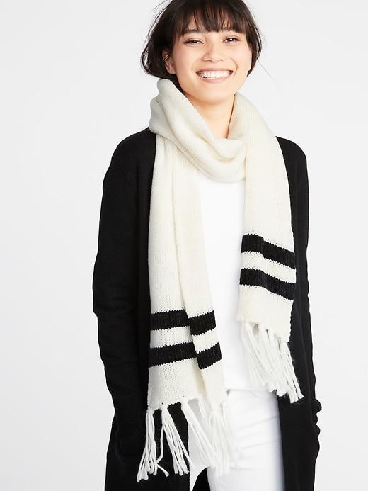 Old Navy Womens Jacquard Sweater-knit Fringe Scarf For Women White Stripe Size One Size