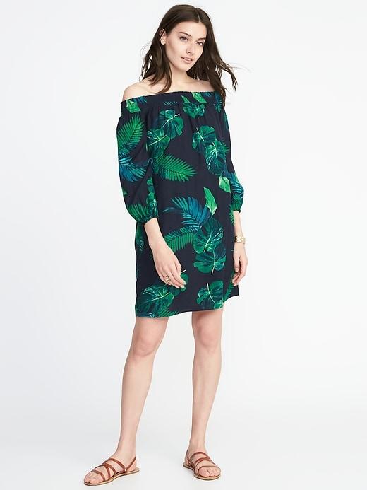 Old Navy Womens Off-the-shoulder Smocked Shift Dress For Women Navy Palm Print Size S
