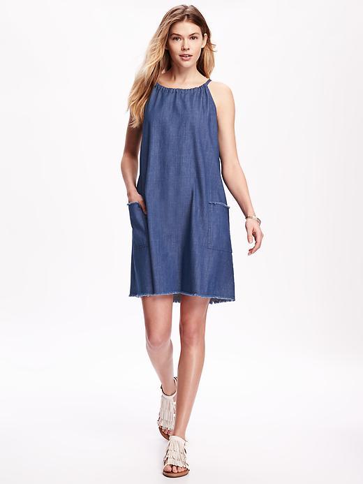 Old Navy Suspended Neck Denim Trapeze Dress For Women - Dark Wash