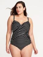 Old Navy Womens Smooth & Slim Plus-size Wrap-front Underwire Swimsuit Ebony Stripe Size 4x