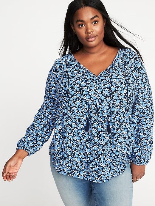 Old Navy Womens Plus-size Boho Tassel-tie Swing Top Blue Floral Size 1x