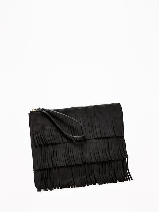 Old Navy Sueded Zip Top Fringe Clutch For Women - Blackjack