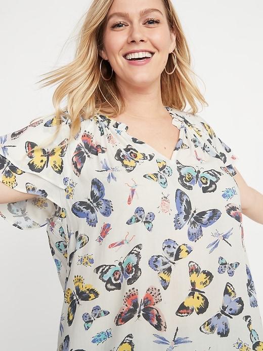 Butterfly-print Tiered-sleeve Plus-size Blouse