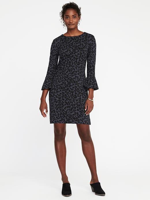 Old Navy Womens Ponte-knit Ruffle-sleeve Shift Dress For Women Blue Leopard Size L