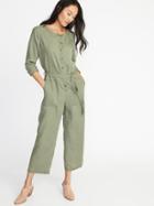 Old Navy Womens Faded-twill Tie-belt Utility Jumpsuit For Women Olive Through This Size Xl