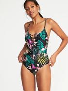 Old Navy Womens Lace-up-front Swimsuit For Women Multi Floral Size M