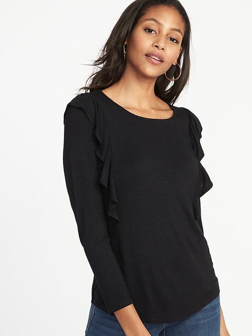 Old Navy Womens Ruffle-trim Slub-knit Top For Women Black Size S