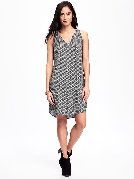 Old Navy Patterned V Neck Shift Dress For Women - Black Print