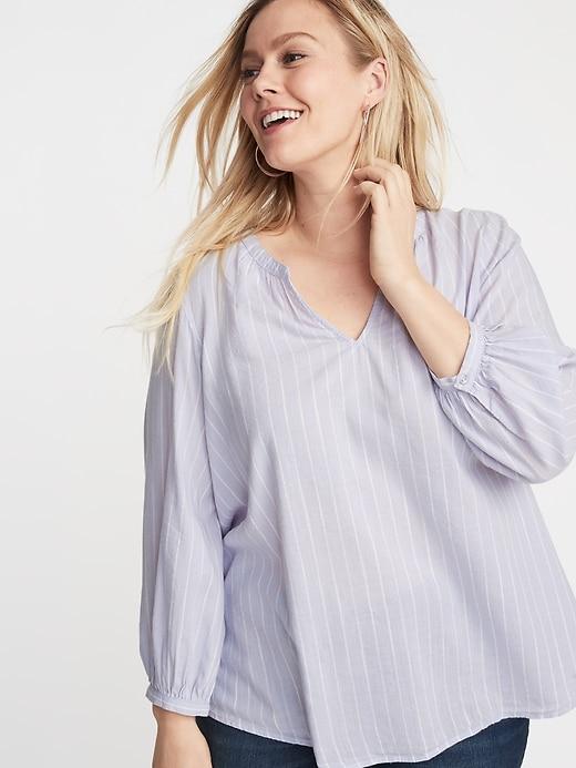 Plus-size Split-neck Striped Top