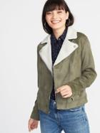 Old Navy Womens Faux-suede Sherpa-collar Moto Jacket For Women Olive Size Xl