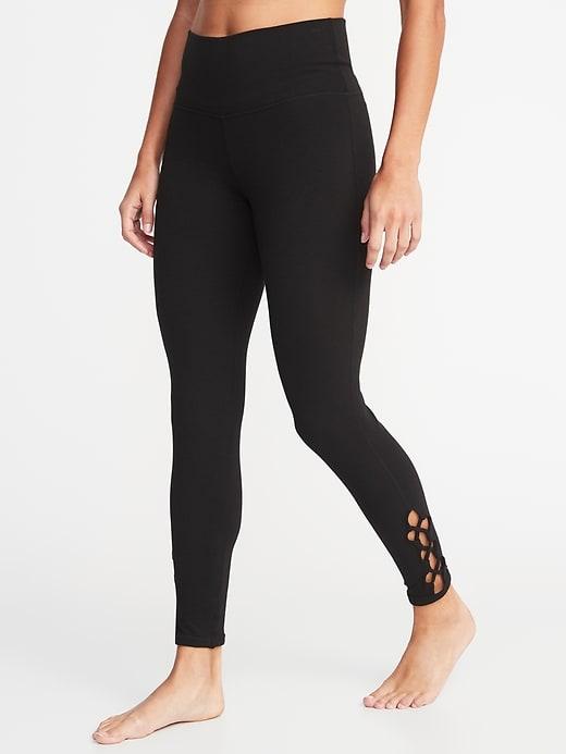 Old Navy Womens High-rise 7/8-length Lattice-hem Yoga Leggings For Women Black Size Xl