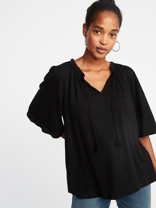 Old Navy Womens Crinkle-jersey Tie-neck Bell-sleeve Top For Women Black Size Xs