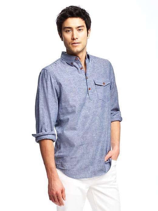 Old Navy Linen Blend Popover Classic Shirt For Men - Chambray Blue