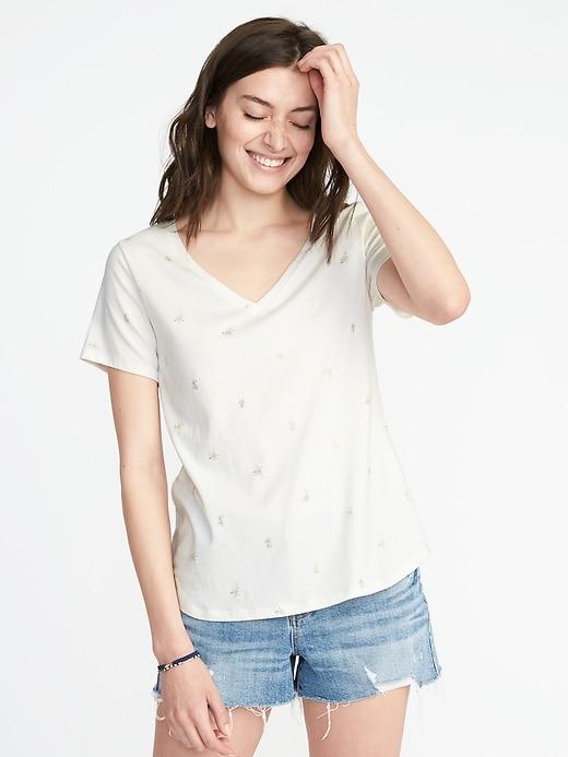 Old Navy Womens Everywear Printed V-neck Tee For Women Foil Pineapples & Palm Trees Size S