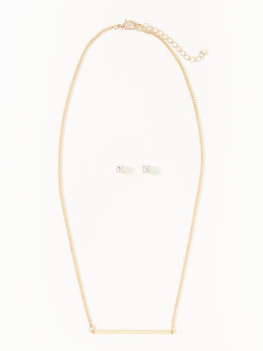 Old Navy Bar Pendant Necklace & Crystal Stud Earrings For Women - Gold