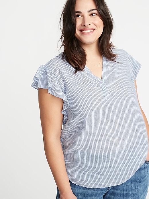 Linen-blend Plus-size Ruffle-sleeve Blouse
