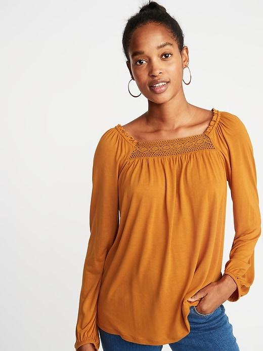 Old Navy Womens Ruffled Lace-yoke Square-neck Blouse For Women Tobacco Leaf Size S