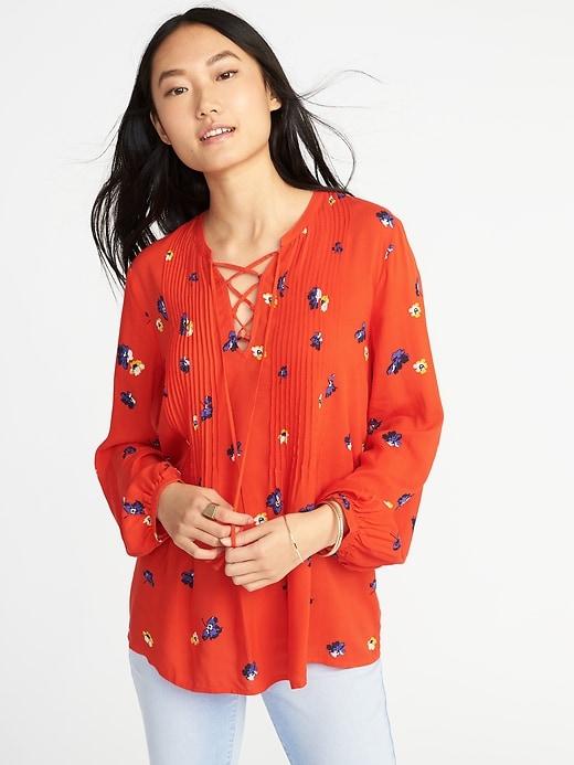 Old Navy Womens Pintuck Lace-yoke Swing Top For Women Red Floral Size M