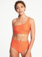 Old Navy Womens Textured-stripe One-shoulder Swim Top For Women Darling Clementine Size L